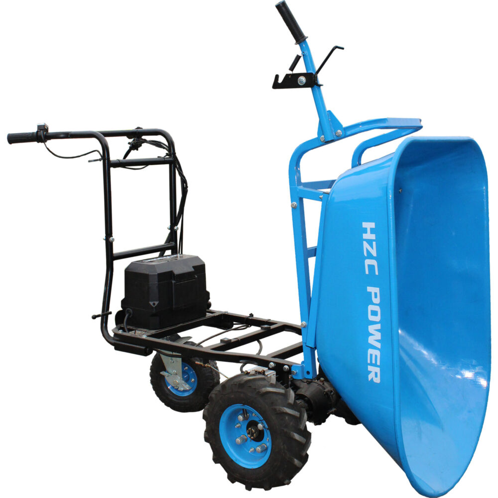 en blå skottkärra på en tegelyta